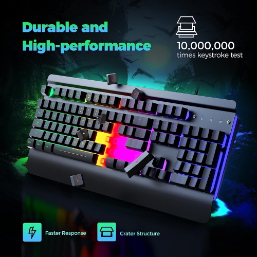 NIERBO 104 Keys All-Metal Panel, Rainbow LED Backlit Quiet Computer Keyboard, Wrist Rest, Multimedia Keys, Anti-ghosting Keys, Waterproof Light Up