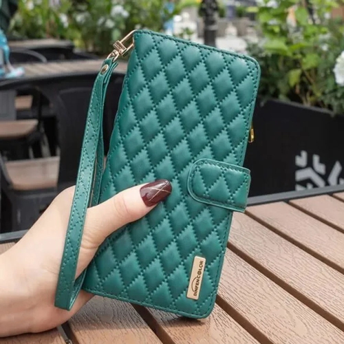 Samsung Smart View Diamond Quilted Leather Protective Case Cover For Galaxy S22 Ultra Green With Free Tempered Glass