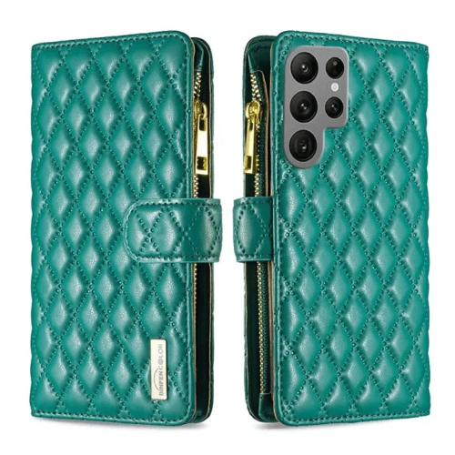 Samsung Smart View Diamond Quilted Leather Protective Case Cover For Galaxy S22 Ultra Green With Free Tempered Glass