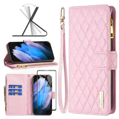 Samsung Smart View Diamond Quilted Leather Protective Case Cover For Galaxy S22 Ultra Rose Gold With Free Tempered Glass