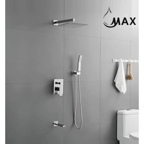 MAX Faucets système de douche à cuve carrée trois fonctions avec fini chromé valve