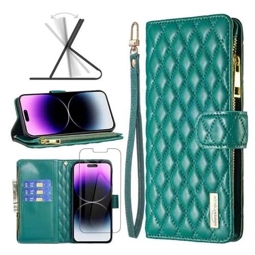 Apple Smart View Diamond Quilted Leather Protective Case Cover For iPhone 13/14 Green With Free Tempered Glass Screen Protector