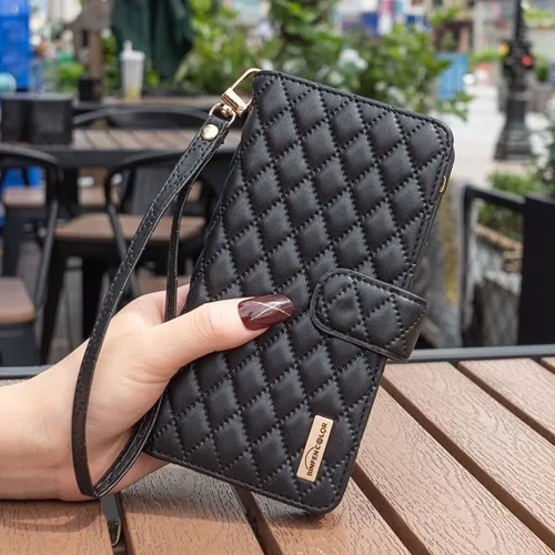 Apple Smart View Diamond Quilted Leather Protective Case Cover For iPhone 13/14 Black With Free Tempered Glass Screen Protector