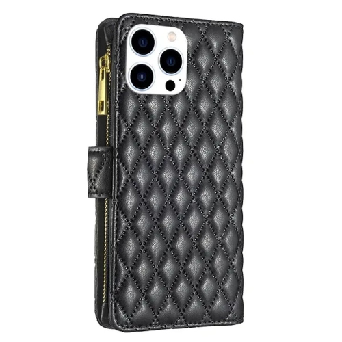 Apple Smart View Diamond Quilted Leather Protective Case Cover For iPhone 13/14 Black With Free Tempered Glass Screen Protector