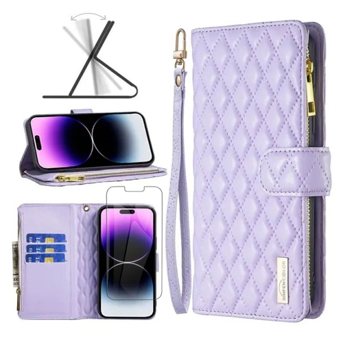 Apple Smart View Diamond Quilted Leather Protective Case Cover For iPhone 13/14 Purple With Free Tempered Glass Screen Protector