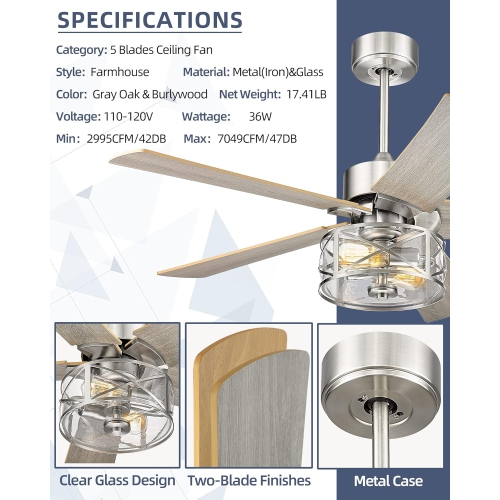 Open Box - YOUKAIN Farmhouse Ceiling Fans, 48 Inch Industrial Ceiling Fan with Light and Remote Control, Clear Glass, 5-Reversible Blades with Gray