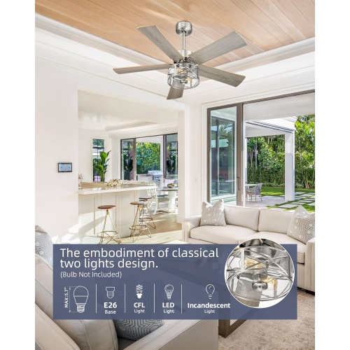 Open Box - YOUKAIN Farmhouse Ceiling Fans, 48 Inch Industrial Ceiling Fan with Light and Remote Control, Clear Glass, 5-Reversible Blades with Gray
