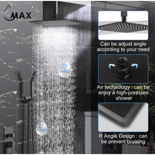 Système de douche à plafond MAX Faucets à trois fonctions avec valve, noir mat