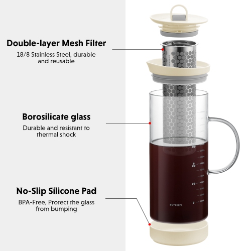 Cafetière et théière à infusion à froid, pichet en verre borosilicaté grande capacité de 57&nbsp;oz avec filtre à mailles amovible en acier