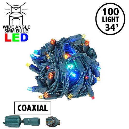 Novelty Lights 34ft 100 LED Coaxial Christmas Mini Lights on Green Wire, 4" Spacing, Commercial Grade Indoor/Outdoor Holiday Light String, Power
