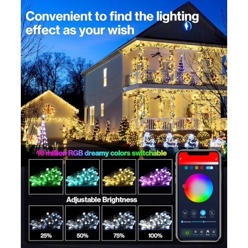 Guirlande lumineuse DEL; commande 3-en-1 Bluetooth/télécommande/bouton; 33 pi/10 m de long; millions de couleurs, excellent pour la décoration