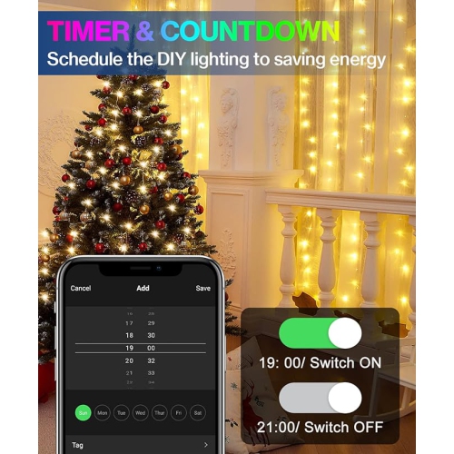 Guirlande lumineuse DEL; commande 3-en-1 Bluetooth/télécommande/bouton; 33 pi/10 m de long; millions de couleurs, excellent pour la décoration