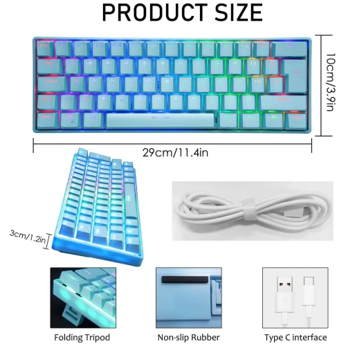 60% Mechanical Gaming Keyboard Mini Portable with Rainbow RGB Backlit Full Anti-Ghosting 61 Key Ergonomic Metal Plate Wired Waterproof for Typist
