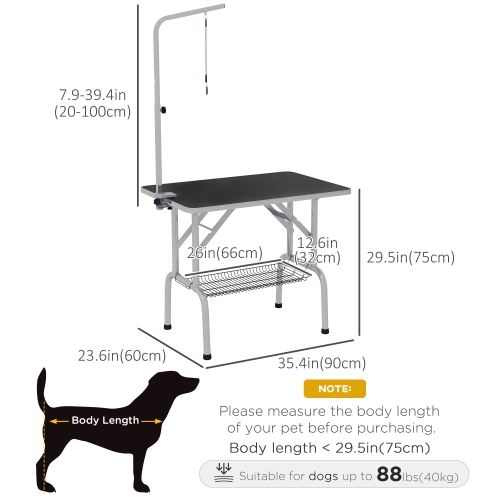 PawHut 36" Dog Grooming Table with Adjustable Grooming Arm, Pet Grooming Table for Dogs with Storage Shelf, Foldable Design, Dark Black