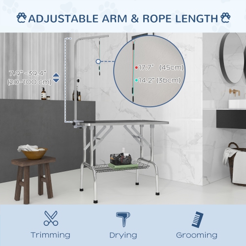 PawHut 36" Dog Grooming Table with Adjustable Grooming Arm, Pet Grooming Table for Dogs with Storage Shelf, Foldable Design, Dark Black