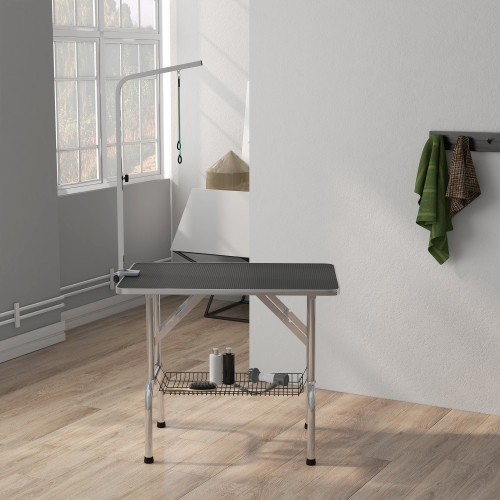 PawHut 36" Dog Grooming Table with Adjustable Grooming Arm, Pet Grooming Table for Dogs with Storage Shelf, Foldable Design, Dark Black