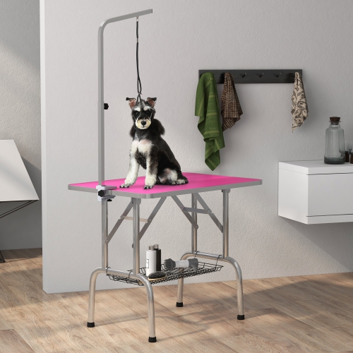 PawHut 36" Dog Grooming Table with Adjustable Grooming Arm, Pet Grooming Table for Dogs with Storage Shelf, Foldable Design, Pink