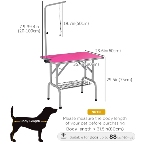PawHut 36" Dog Grooming Table with Adjustable Grooming Arm, Pet Grooming Table for Dogs with Storage Shelf, Foldable Design, Pink