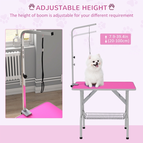 PawHut 36" Dog Grooming Table with Adjustable Grooming Arm, Pet Grooming Table for Dogs with Storage Shelf, Foldable Design, Pink
