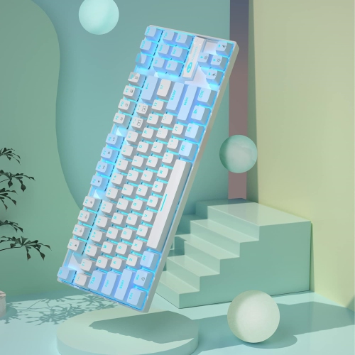 75% Mechanical Gaming Keyboard with Red Switch, LED Blue Backlit 87 Keys Compact TKL Wired Computer Keyboard for Windows Laptop PC Gamer - White/Blue