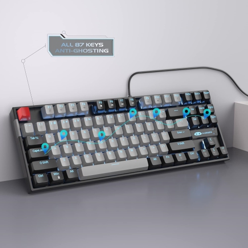 75% Mechanical Gaming Keyboard with Blue Switch, LED Blue Backlit 87 Keys Compact TKL Wired Computer Keyboard for Windows Laptop PC Gamer - Gray/Black