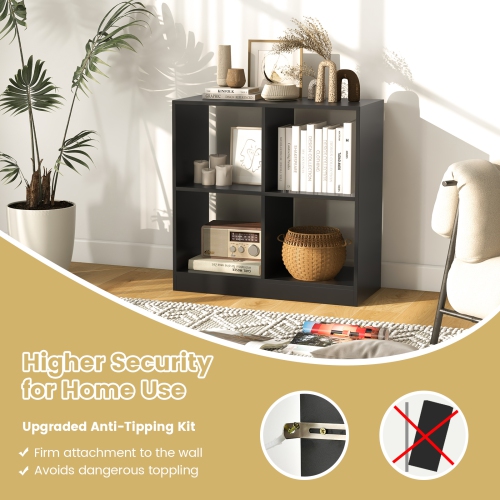 Topbuy 4-Cube Bookcase Floor Open Wooden Bookshelf with 2 Anti-Tipping Kits Modern Shelving Organizer Multipurpose Storage Cabinet Display Shelf