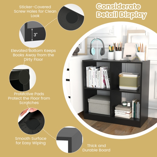 Topbuy 4-Cube Bookcase Floor Open Wooden Bookshelf with 2 Anti-Tipping Kits Modern Shelving Organizer Multipurpose Storage Cabinet Display Shelf