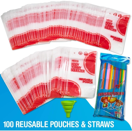 Reusable Drink Pouches - 30 Clear Drink Bags with 30 Straws - Double Zipper Reusable Smoothie Pouches Juice, Clear Zipper Pouch Storage Bags,