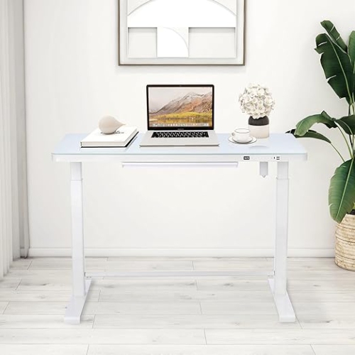 Uncaged Ergonomics Rise Up Electric Height Adjustable Sit/Stand Desk (White Glass Top/White Frame)