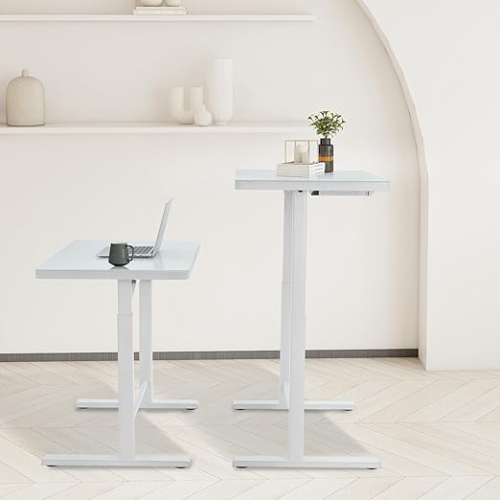 Uncaged Ergonomics Rise Up Electric Height Adjustable Sit/Stand Desk (White Glass Top/White Frame)