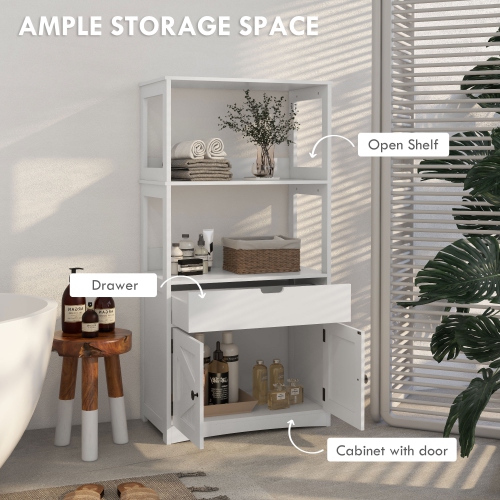 kleankin Bathroom Cabinet, Modern Bathroom Storage Cabinet, Linen Cabinet with Barn Doors, Drawer and 2 Open Shelves, White