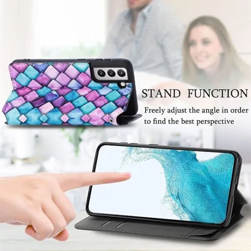 CaseNeo pour Samsung Galaxy S23 5G Étui portefeuille en cuir à rabat avec blocage RFID fentes pour cartes de crédit – écailles violettes et