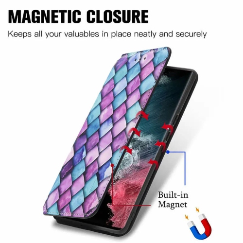CaseNeo For Samsung Galaxy S23 Ultra Leather Wallet Flip Case With RFID Blocking Credit Card Holder Slots Cover – Purple Scales With Free Tempered