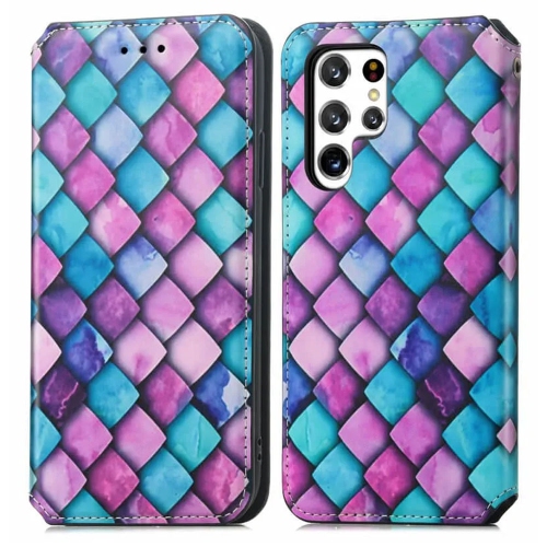 CaseNeo For Samsung Galaxy S23 Ultra Leather Wallet Flip Case With RFID Blocking Credit Card Holder Slots Cover – Purple Scales With Free Tempered