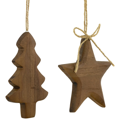Tree and Star Wooden Christmas Ornaments - 5" - Brown - Set of 2