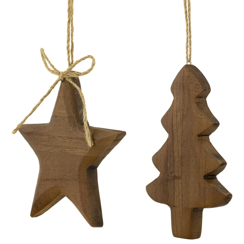 Tree and Star Wooden Christmas Ornaments - 5" - Brown - Set of 2
