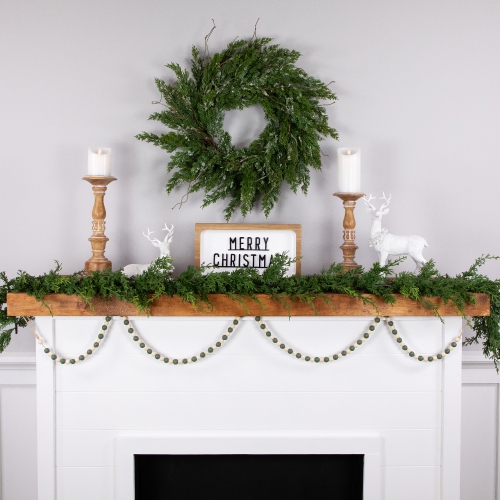 6' Green and Cream Wooden Beads Christmas Garland, Unlit