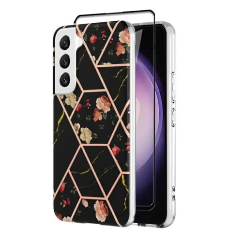 [SuperShield] pour Samsung Galaxy S23 plus TPU souple Slim Cute Men Lady silicone antichoc étui marbré - Noir avec protecteur d'écran en verre trempé