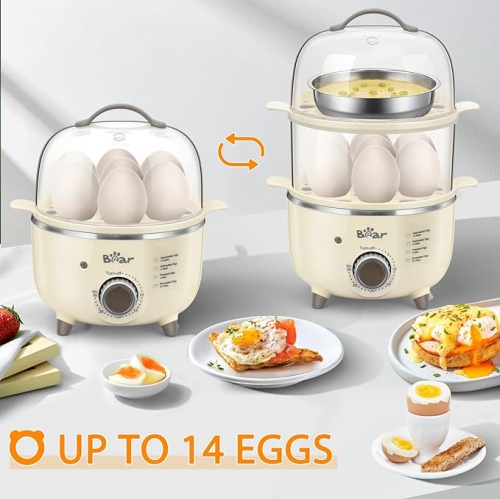Bear Egg Cooker - 14 Egg Capacity Rapid Electric Egg Cooker with Auto Shut-Off Timer for Hard Boiled Eggs, Poached Eggs, Scrambled Eggs, or Omelets,