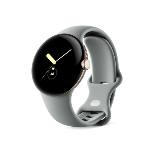 Boîte ouverte - montre Pixel Watch de Google, boîtier en acier inoxydable champagne doré, bracelet sport vert lichen, LTE, 41&nbsp;mm