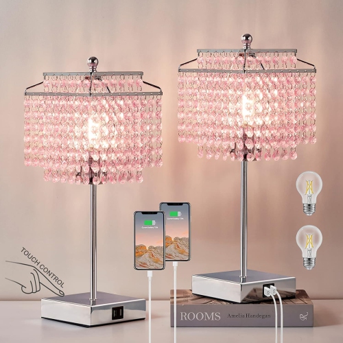 Ensemble de 2 lampes de table de chevet en cristal rose, commandes