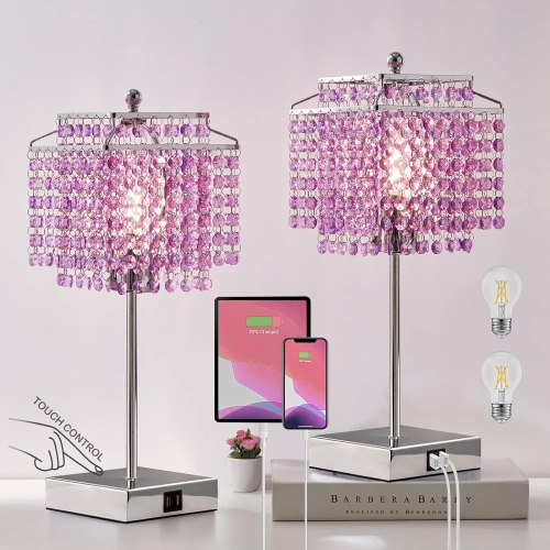 Set of 2 Purple Bedside Crystal Table Lamps, Touch Control, 3-Way