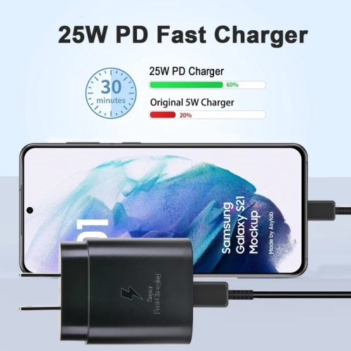 Chargeur rapide USB-C de 25 W compatible avec les téléphones Galaxy S23/S22/S21/S20 de Samsung, série Z Fold/Z Flip, Note20, A53/A54 | Bloc de