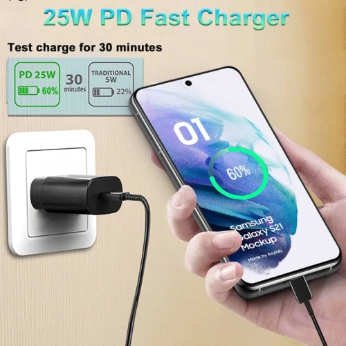 Chargeur rapide USB-C de 25 W compatible avec les téléphones Galaxy S23/S22/S21/S20 de Samsung, série Z Fold/Z Flip, Note20, A53/A54 | Bloc de