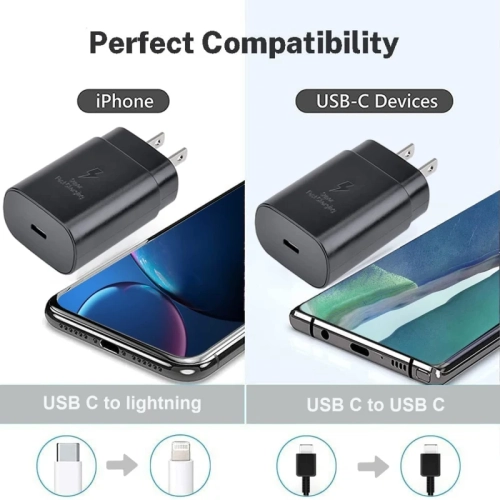 Chargeur rapide USB-C de 25 W compatible avec les téléphones Galaxy S23/S22/S21/S20 de Samsung, série Z Fold/Z Flip, Note20, A53/A54 | Bloc de