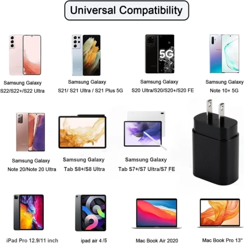 Chargeur rapide USB-C de 25 W compatible avec les téléphones Galaxy S23/S22/S21/S20 de Samsung, série Z Fold/Z Flip, Note20, A53/A54 | Bloc de