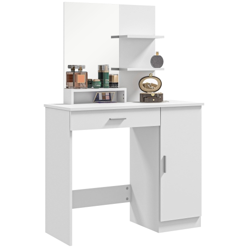 HOMCOM  Vanity Table, Makeup Table With Mirror, Drawer And Storage Shelves for Bedroom (White)