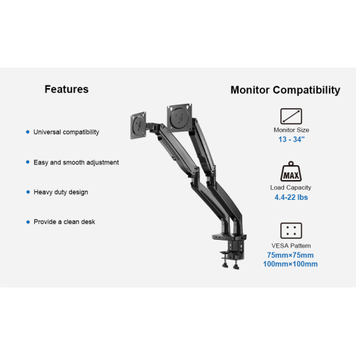 ErgoAV Dual Arm Monitor Desk Mount With Docking Station, Fits Up To A 34" Screen