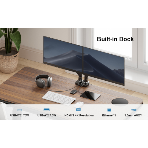 ErgoAV Dual Arm Monitor Desk Mount With Docking Station, Fits Up To A 34" Screen