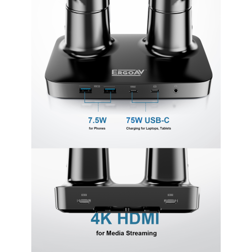 ErgoAV Dual Arm Monitor Desk Mount With Docking Station, Fits Up To A 34" Screen